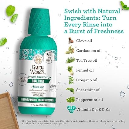 GuruNanda Fresh Breath Mouthwash, ADA-Accepted, Alcohol & Fluoride-Free, Sodium Chlorite, Essential Oils & Vitamins, 12-Hrs Fresh Breath, Wild Mint, 16 oz - 2 Pack