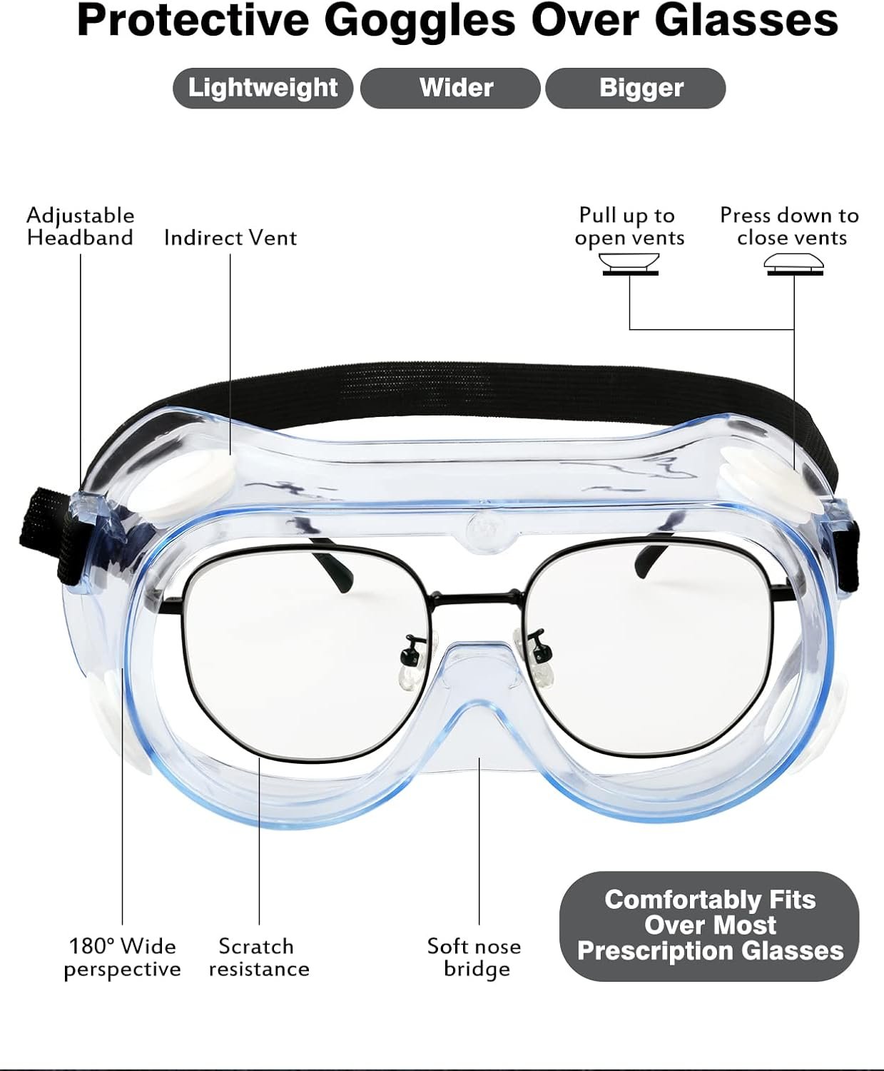 MELASA Safety Goggles, Clear Lens, Anti-Fog Coating, ANSI Z87.1, Adult, Rectangular, Industrial, Laboratory, Unisex