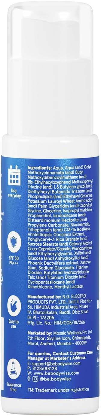 Be Bodywise Sunscreen Spray SPF 50 PA+++ 100ml | With SunCat DE Technology | Protects Skin from UVA/UVB Rays & Slows Down Signs of Aging | 1% Niacinamide, 1% Red Algae & 2.5% Glycerin | Fragrance Free