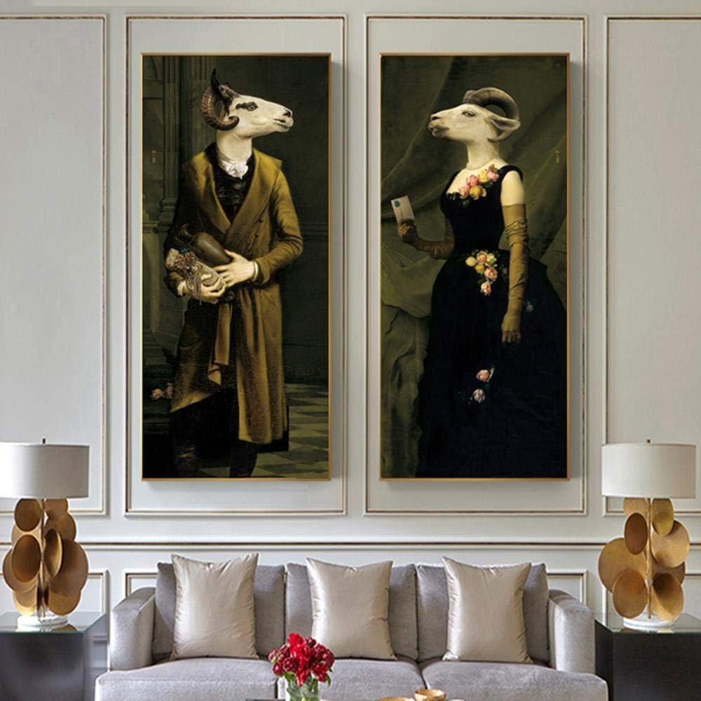 DAERG Nostalgia retrò Gentleman Lady Dipinti ad Olio Wall Art Poster Animali Stampe Pittura su Tela per Soggiorno Oggettistica per la casa, jy1292,20x45cm Senza Cornice