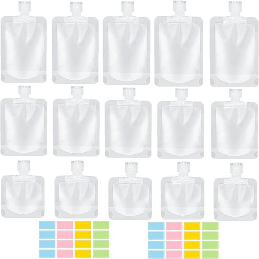 17 Pack Travel Pouches for Toiletries,TSA Approved,Travel Size Portable Containers,Stand Up Pouch,Refillable Travel Accessories for Shampoo Conditioner Lotion Soap Liquids, White, B-17cs