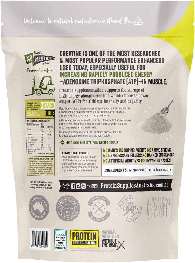 Protein Supplies Australia Pure Creatine Monohydrate Powder 500 g, Pure, 500 g