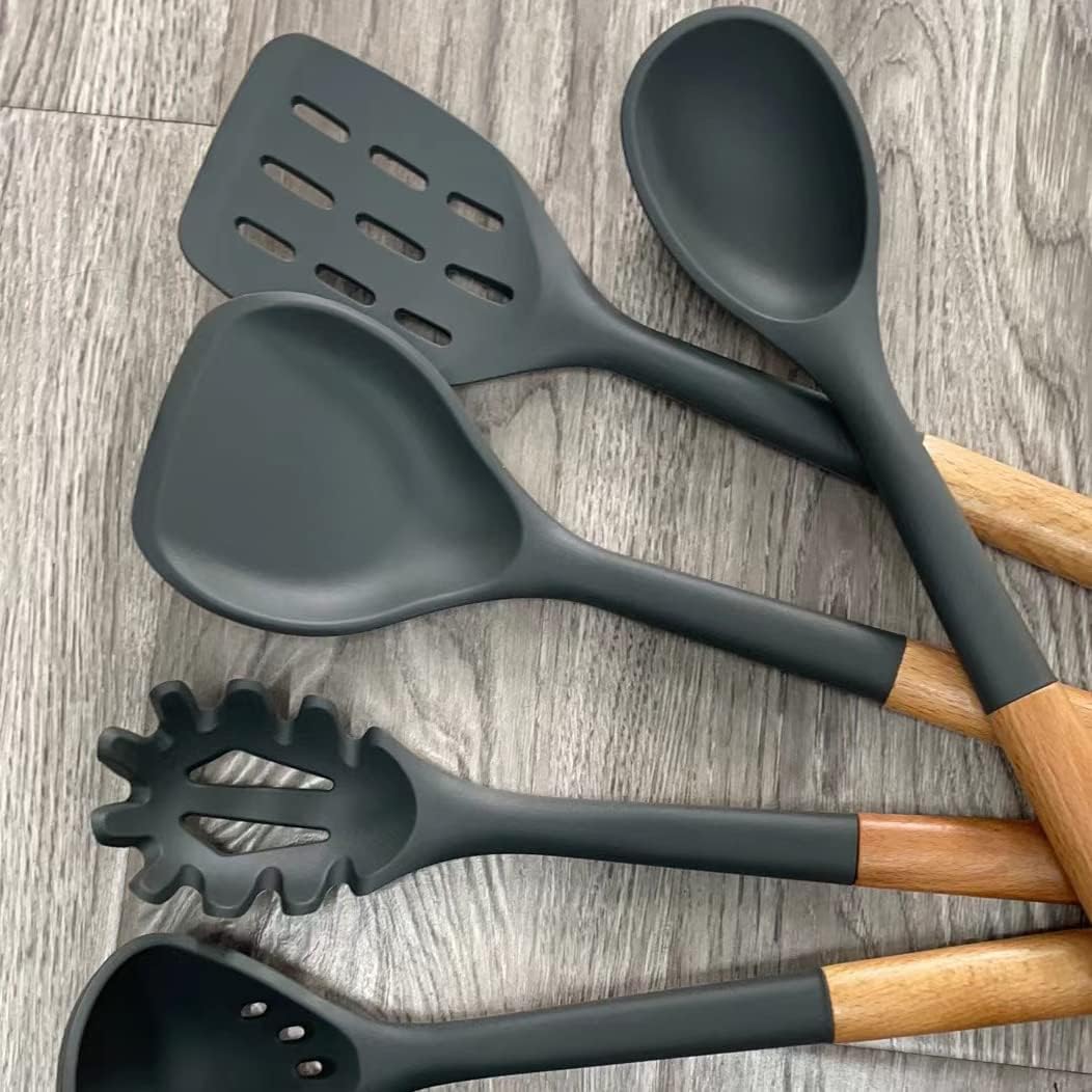 Silicone Cooking Utensils - Kitchen Utensil Set with Holder,Slotted/Solid Spoon,Turner,Spatula,Pasta Server,Deep Soup Ladle,Wooden Handles Kitchen Gadgets Tools Set,Non-Stick Cookware Friendly (Grey)