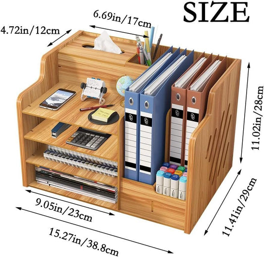 Hggzeg Updated Wooden Desk Organizer, Large Capacity Desk Tidy Storage Rack Sorter DIY Office Supplies Storage Box for A4 Papers, Books, Document and Notebook(Cherry Wood)
