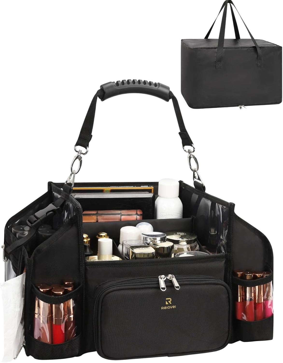 Portable Makeup Artist Makeup Bag with Compartments PVC Coating Easy Clean 46cm Black Professional, Black, Professional
