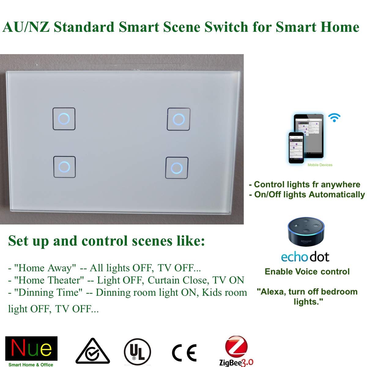 Nue ZigBee Smart Light Switch, Dimmer, Fan Switch, Curtain Blind Switch Power Point GPO, Light Controller and in_Ceiling Dimmer (4 Key Scene Switch)