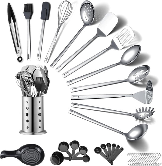 ReaNea Stainless Steel Kitchen Utensils Set 40 Pieces, Cooking Utensil Set with Utensils Holder, Kitchen Gadgets Kitchen Essentials New Home, House, Appartment Must Have, Metal Spatula Set