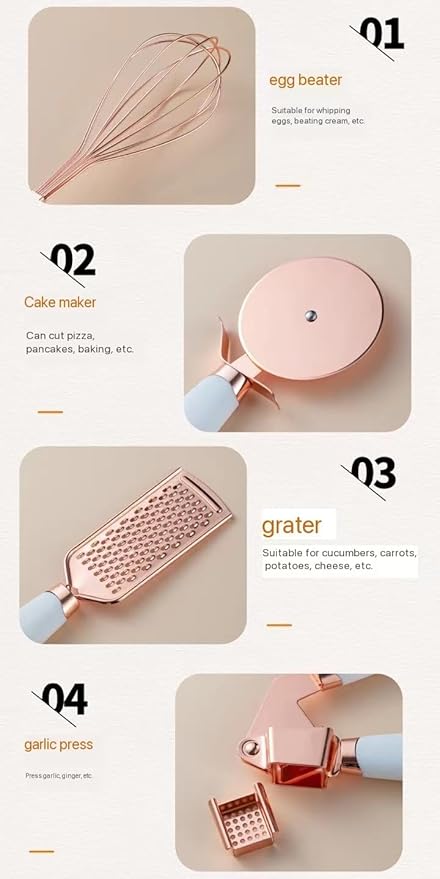White & Gold Kitchen Tools and Gadgets - Luxe 7PC Cooking Tools and Gadgets with Anti-Slip Handles, Utensils Set, Gold Kitchen Accessories,Premium Kitchen Gadget Set (Champagne gold & black)