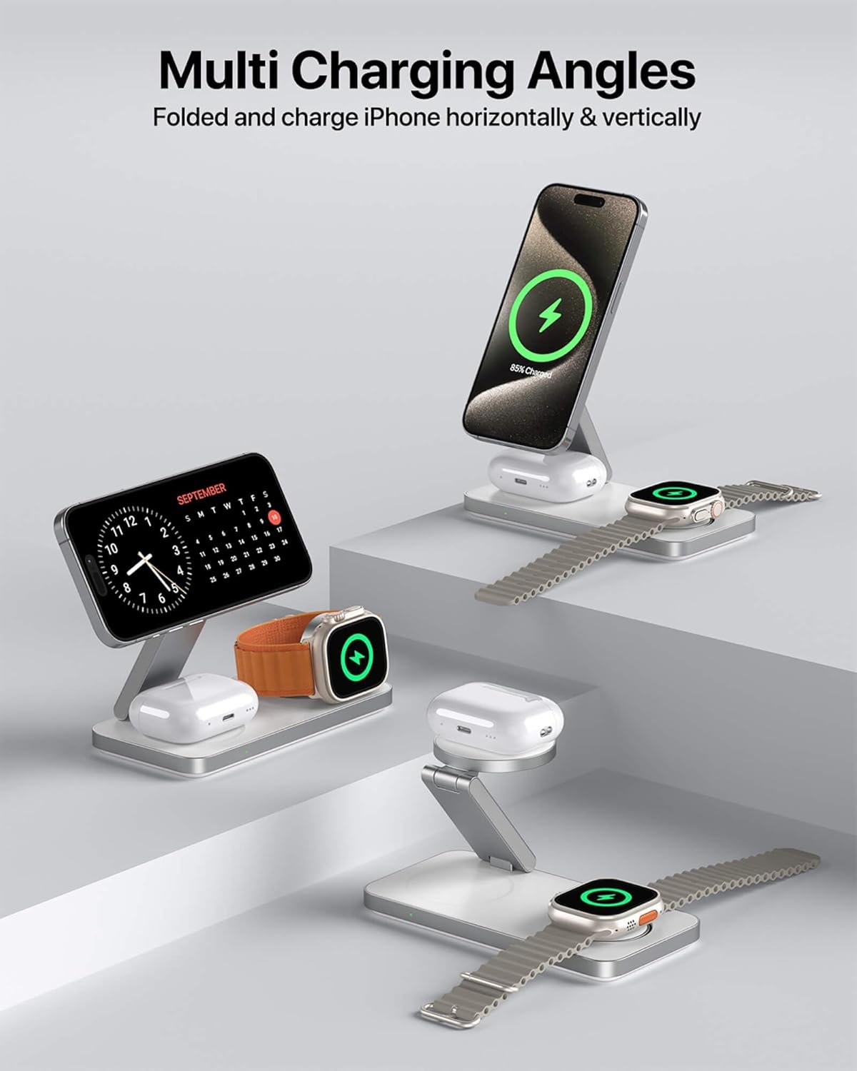 3 in 1 Wireless i Phone Charger Stand for Apple Magsafe, LDOBL Travel Charger for iPhone 16 to 12 Pro Max Mini Plus, Apple Watch Ultra 10 to 2, AirPods Pro 2 3 4, tech for Men Women (White)