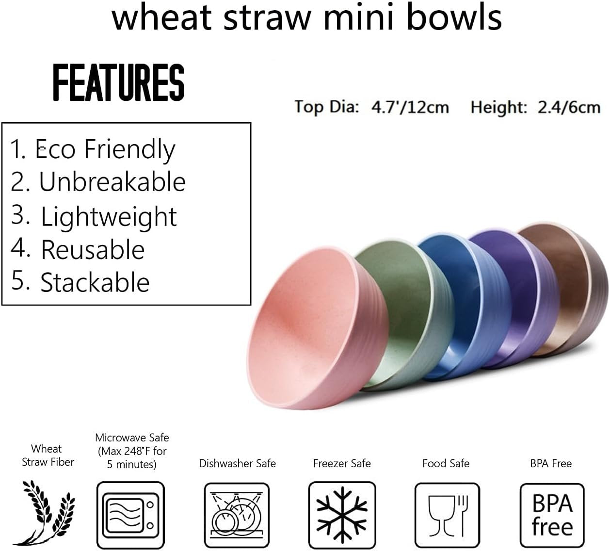 Choary Eco-Friendly Wheat Straw Baby Bowls, Microwave Dishwasher Safe Bowl Sets - Unbreakable Natural Non-Toxin Mini degradable Bowls for Snacks,Fruits, BPA Free Set of 5.