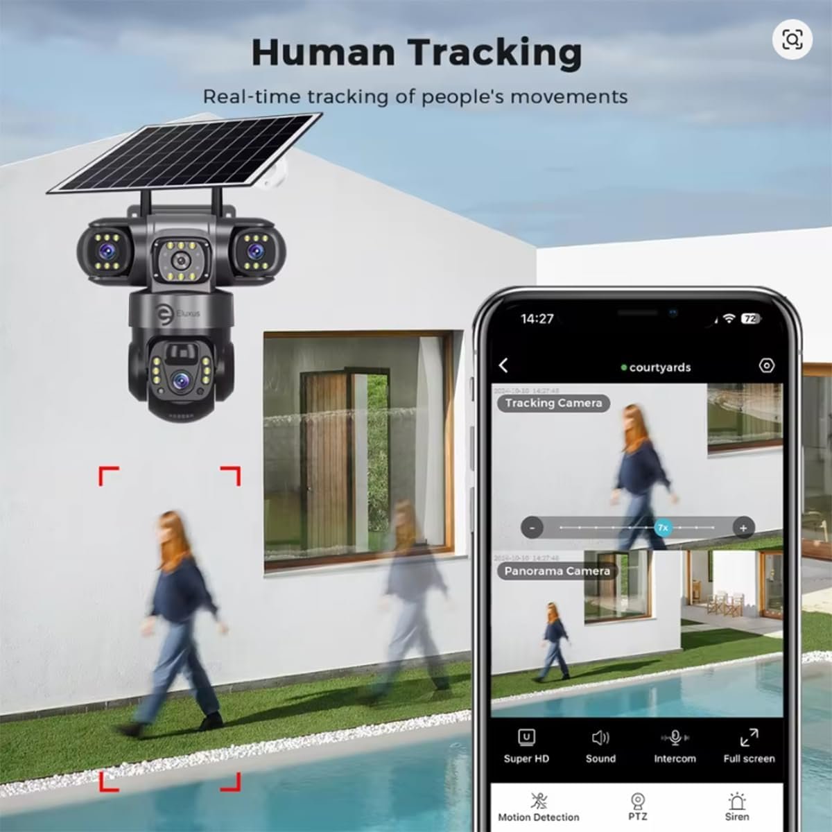 Eluxus Solar Security Camera 360° Rotatable, 3 Camera Screens, Waterproof, 4K HD, Motion Detection, 2-Way Audio, App Control, Lithium Battery, Cloud & SD Storage – Indoor/Outdoor CCTV (with Solar)