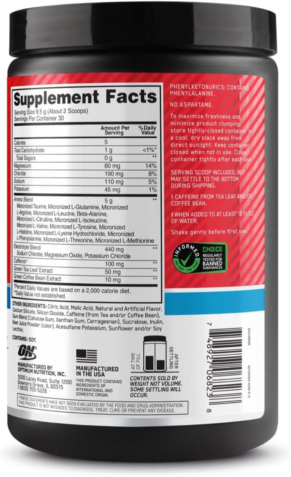 OPTIMUM NUTRITION Amino Energy + Electrolytes Powder 285 g, 30 Servings, Juicy Strawberry
