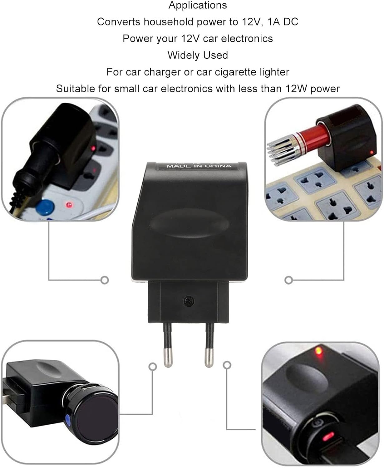 AC to DC 12V Wall Socket Power Adapter Converter with Cigarette Lighter Socket and LED Charge Indicator for Small Car Electronics (EU Plug)
