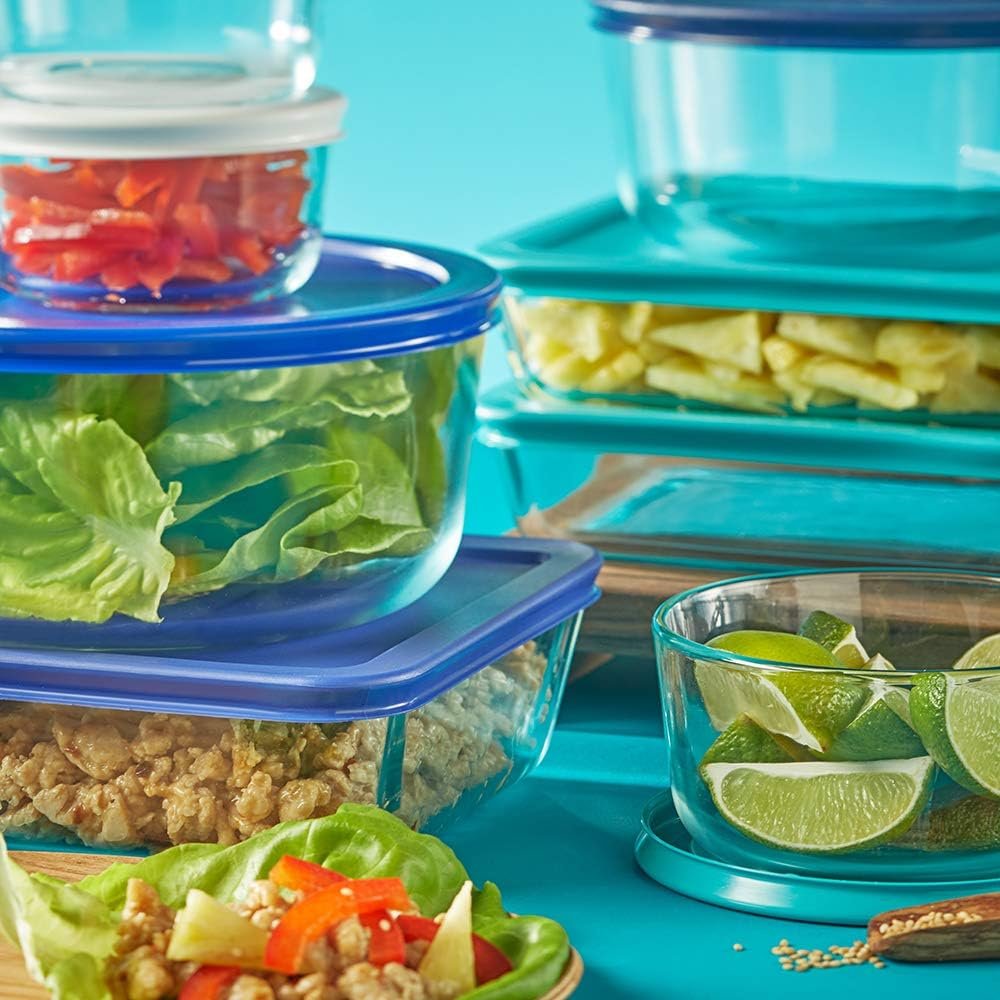 Pyrex 1128223 Simply Store Glass Food Containers with BPA Free Plastic Multi-Coloured Lids, (18-Piece set)