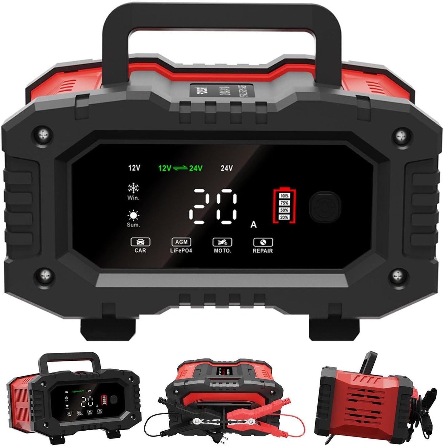 20-Amp Car Battery Charger, 12V/20A and 24V/10A LiFePO4,Lead-Acid(AGM/Gel/SLA) Automatic Smart Trickle Charger Maintainer,Desulfator, 300W Fast Charging for Automotive Truck Motorcycle Lawn Mower Boat
