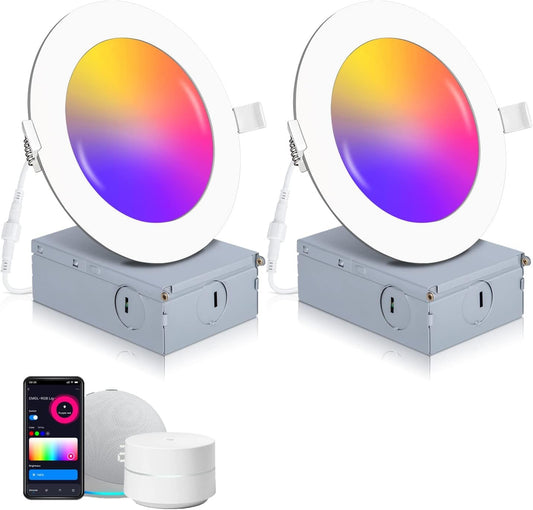 2 Pack Smart Recessed Lighting 4 Inch, Ultra-Thin LED Recessed Lighting 9W 850LM Smart Downlight with Junction Box, Compatible with Alexa/Google Assistant - ETL and Energy Star