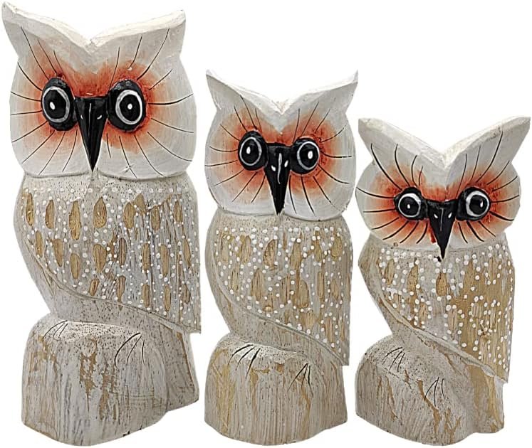 SusggO Set of 3 Wooden Animal Figurines, Lucky Owl, Lucky Cat, Turtle, Fish, Decoration, Hand Carved Furniture Decoration (3 Owls White Wings Dots Mod 1)