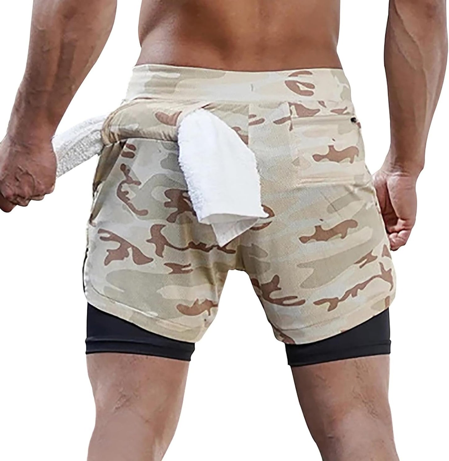 BOOMLEMON Men's 2-in-1 Running Workout Shorts Gym Training Athletic Short Pants with Towel Loop