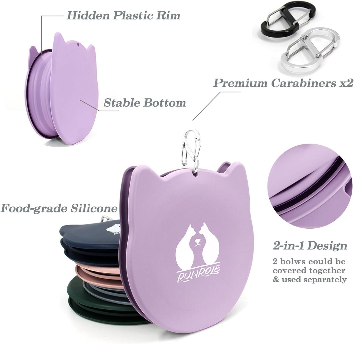 RUNROLE 2-in-1 Collapsible Silicone Dog Travel Bowls, Slot Together and Use Separately, Portable Pet Food Water Bowls, Foldable Cat Feeding Watering Dishes, 20OZ+27OZ(Purple)