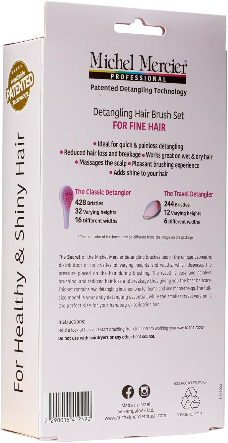 Michel Mercier Home and Travel Detangler Set - Fine Hair for Unisex 2 Pc The Classic Detangler Brush, The Travel Detangler Brush