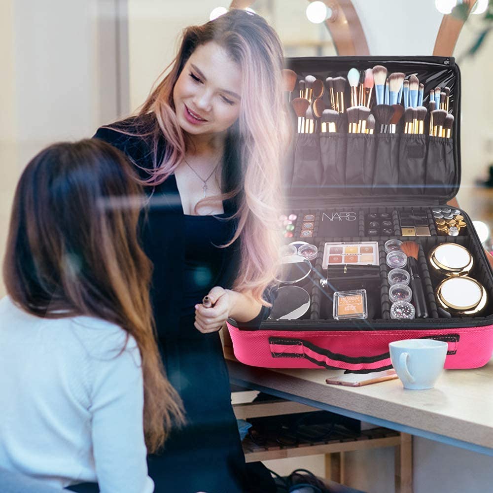 gzcz Professional Travel Makeup Case 13.5 Inches Makeup Bag Cosmetic Brush Organizer Portable Artist Storage Train Bag with Adjustable Dividers for Make Up Accessories(M-Rose Red)