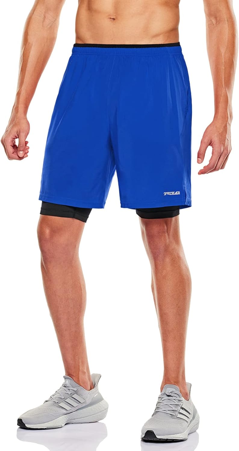 TSLA Men's 2 in 1 Active Running Shorts, Quick Dry Exercise Workout, Gym Training Athletic Shorts with Pockets