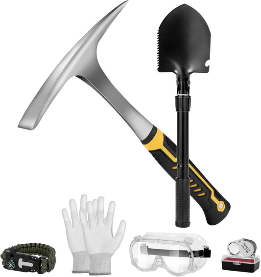 26oz Geologist Rock Pick Tool kits-12 Folding Multitool Shovel-Survival Bracelet-Safety Glasses-Jewelers Loupe-Gloves for Hounding Gold Mining Prospecting Stone Breaking Pry Rocks Loosen Soil