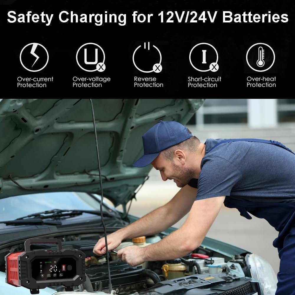 20-Amp Car Battery Charger, 12V/20A and 24V/10A LiFePO4,Lead-Acid(AGM/Gel/SLA) Automatic Smart Trickle Charger Maintainer,Desulfator, 300W Fast Charging for Automotive Truck Motorcycle Lawn Mower Boat