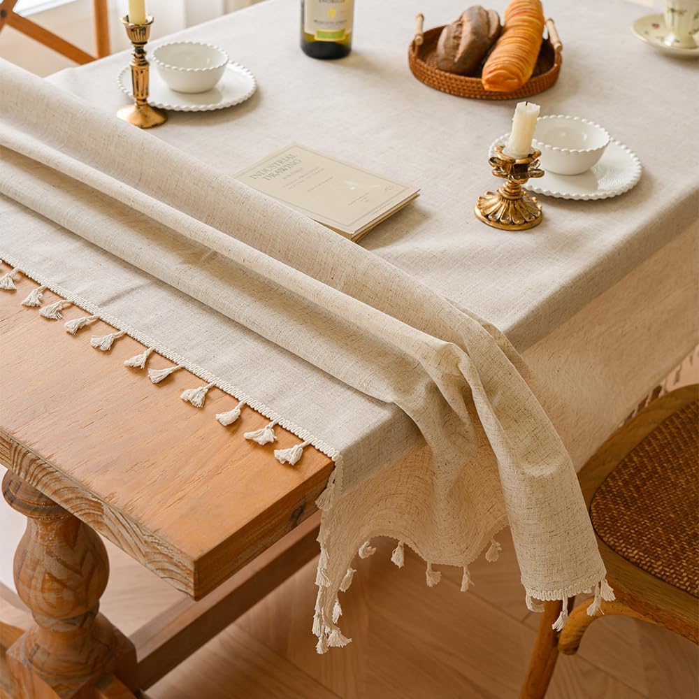 Anaado Cotton Linen Large Table Cloth for Dining Table 14 Seater, Table Cover Picnic Tabletop Decorations, Beige,60''x142''