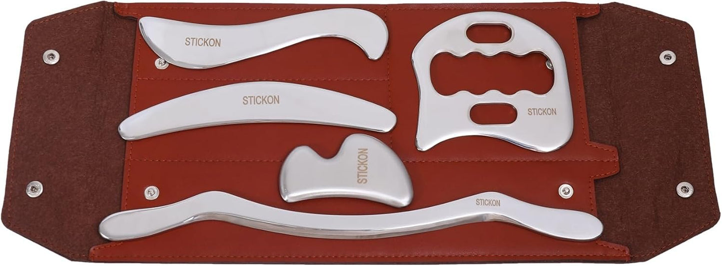 STICKON Medical Grade Stainless Steel Gua Sha Set 5pcs Scraping Massage Tool IASTM tools for Soft Tissue Therapy and Reduce Legs, Back, Arms,Neck,Shoulder Muscle Pain pitao08