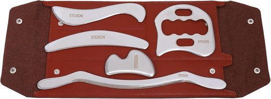 STICKON Medical Grade Stainless Steel Gua Sha Set 5pcs Scraping Massage Tool IASTM tools for Soft Tissue Therapy and Reduce Legs, Back, Arms,Neck,Shoulder Muscle Pain pitao08