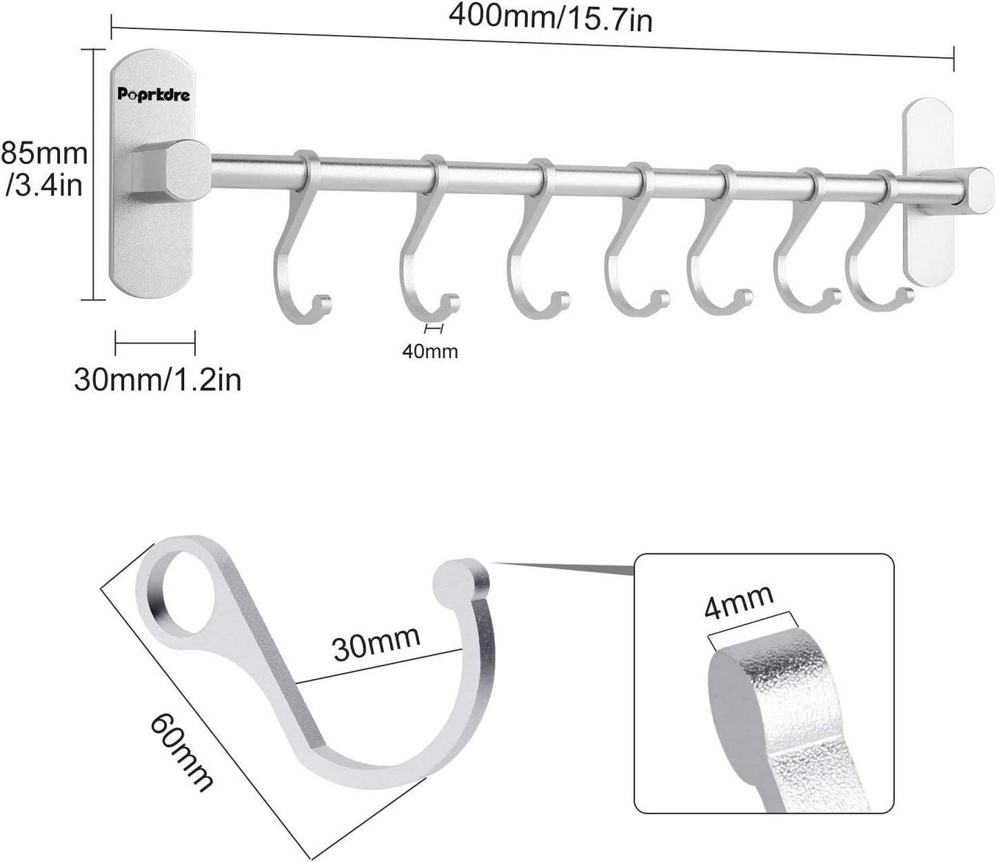 Poprkdre Kitchen Utensil Holder with 7 Hooks, 40 cm Kitchen Utensil Bar, Kitchen Utensils Holder for Kitchen Gadgets / Pot/Ladle, Aluminium, Matt Silver
