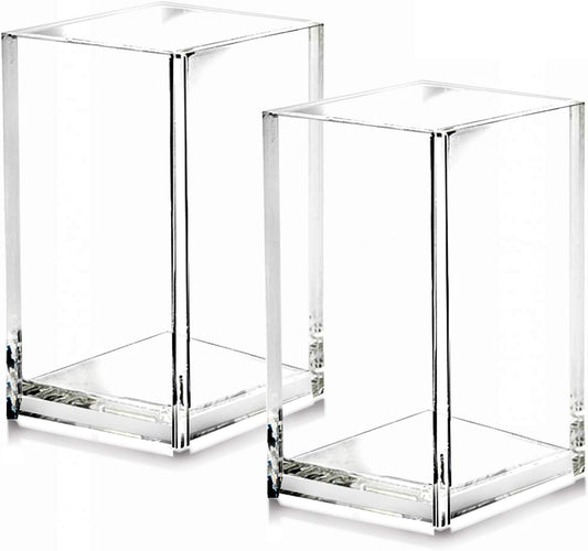 2 Pack Stationary Clear Acrylic Pencil Pen Holder Cup, Desk Accessories Holder, Makeup Brush Storage Organizer, Modern Design Desktop Organizer for Office School Home Supplies, 2.6X 2.6X 4 inches