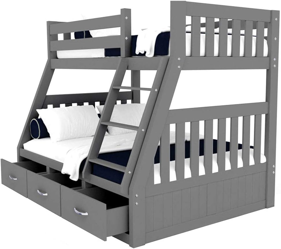 Solid Pine Timber Storage Triple Bunk Bed Frame Wooden Kids Bedroom Furniture