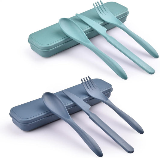 2 Sets Reusable Utensil Set with Case, Portable Camping Fork Knife Spoon Set, Wheat Straw Travel Utensils