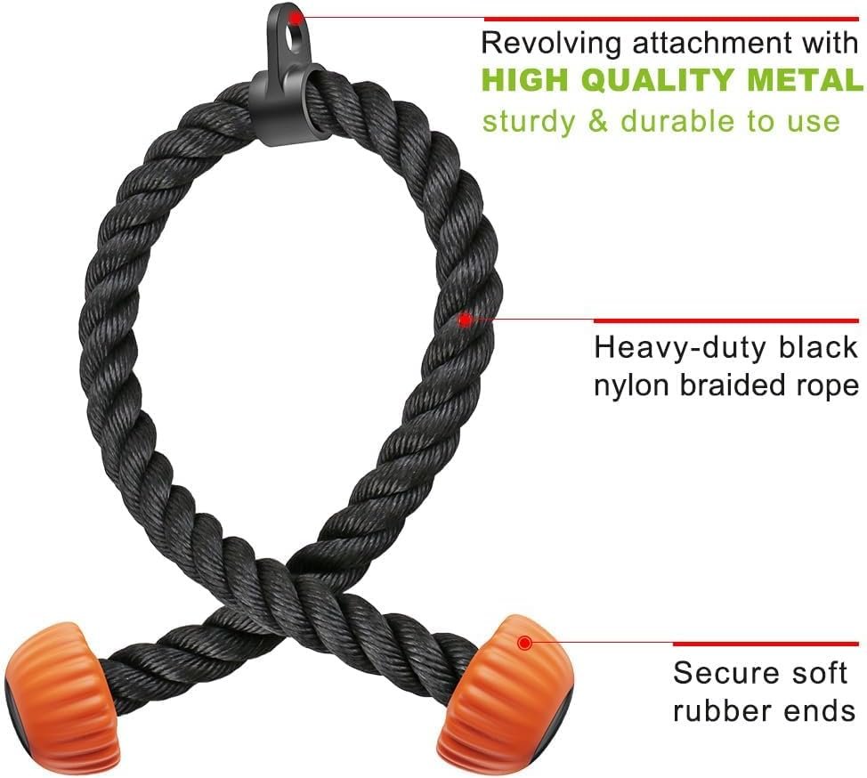 SELEWARE Triceps Rope with Non-Slip Soft Rubber Ends Home Gym Cable Attachment Workout Accessories 28 & 36 inches Long LAT Pulldown Attachment Black and Orange