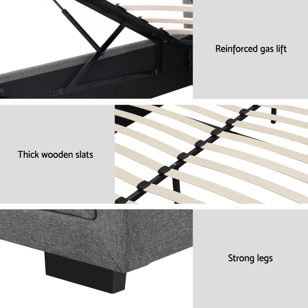 Artiss Queen Bed Frame Platform Tufted Headboard Frames Gas Lift Beds Base with Storage Space Bedroom Room Decor Home Furniture, Upholstered with Grey Faux Linen Fabric + Foam + Wood