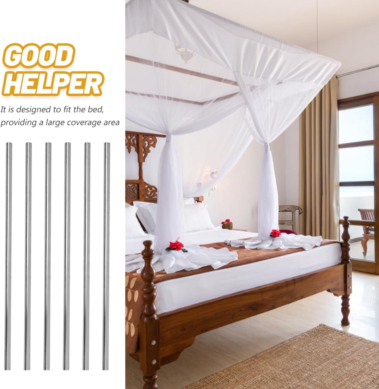 Amosfun Canopy Bed Frames Stainless Steel Four-Poster Canopy Bed Mattress Foundation Canopy Curtain Support Sturdy and Easy Assembly for 1.5m Bed