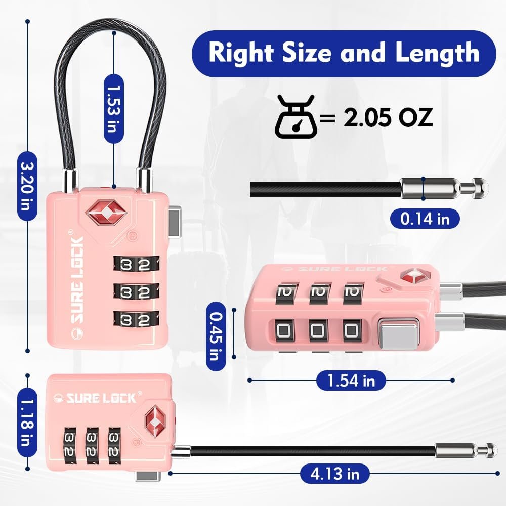 SURE LOCK TSA Compatible Travel Luggage Locks, Inspection Indicator, Easy Read Dials TSA Approved with Zinc Alloy, PINK 2 PACK, earnest