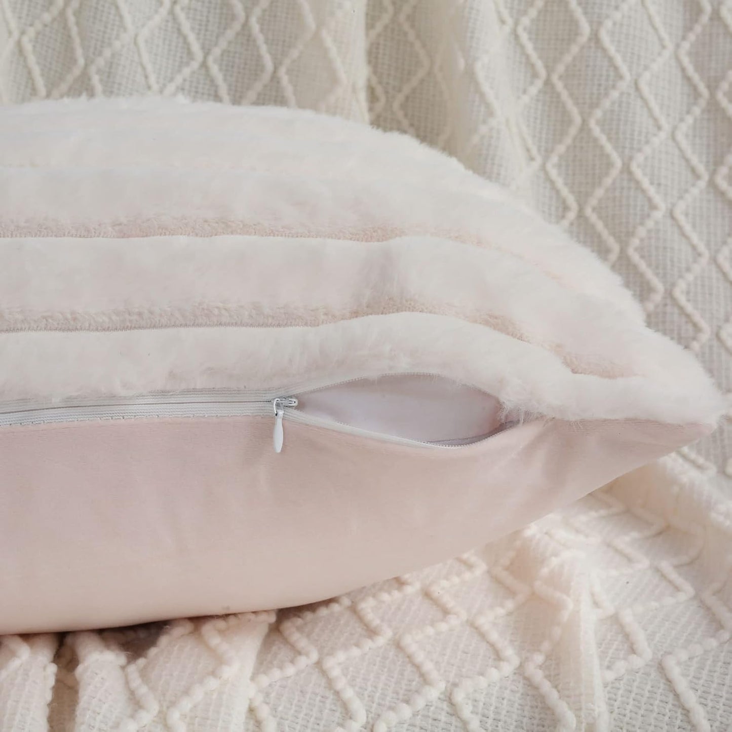 FUTEI Cream White Striped Decorative Throw Pillow Covers 18x18 Inch Set of 2,Square Spring Decorations Couch Pillow Case,Soft Cozy Faux Rabbit Fur & Velvet Back,Modern Home Decor for Bed