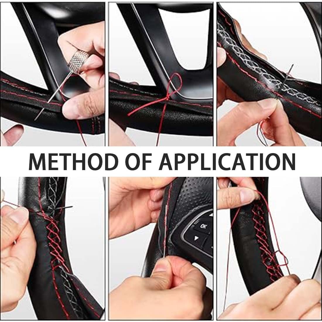 DIY Soft Leather Car Steering Wheel Cover with Needle and Thread | 38cm Diameter Steering Wheel Cover | Black Leather with Red Thread | Car Accessories Interior Car Steering Wheel Cover
