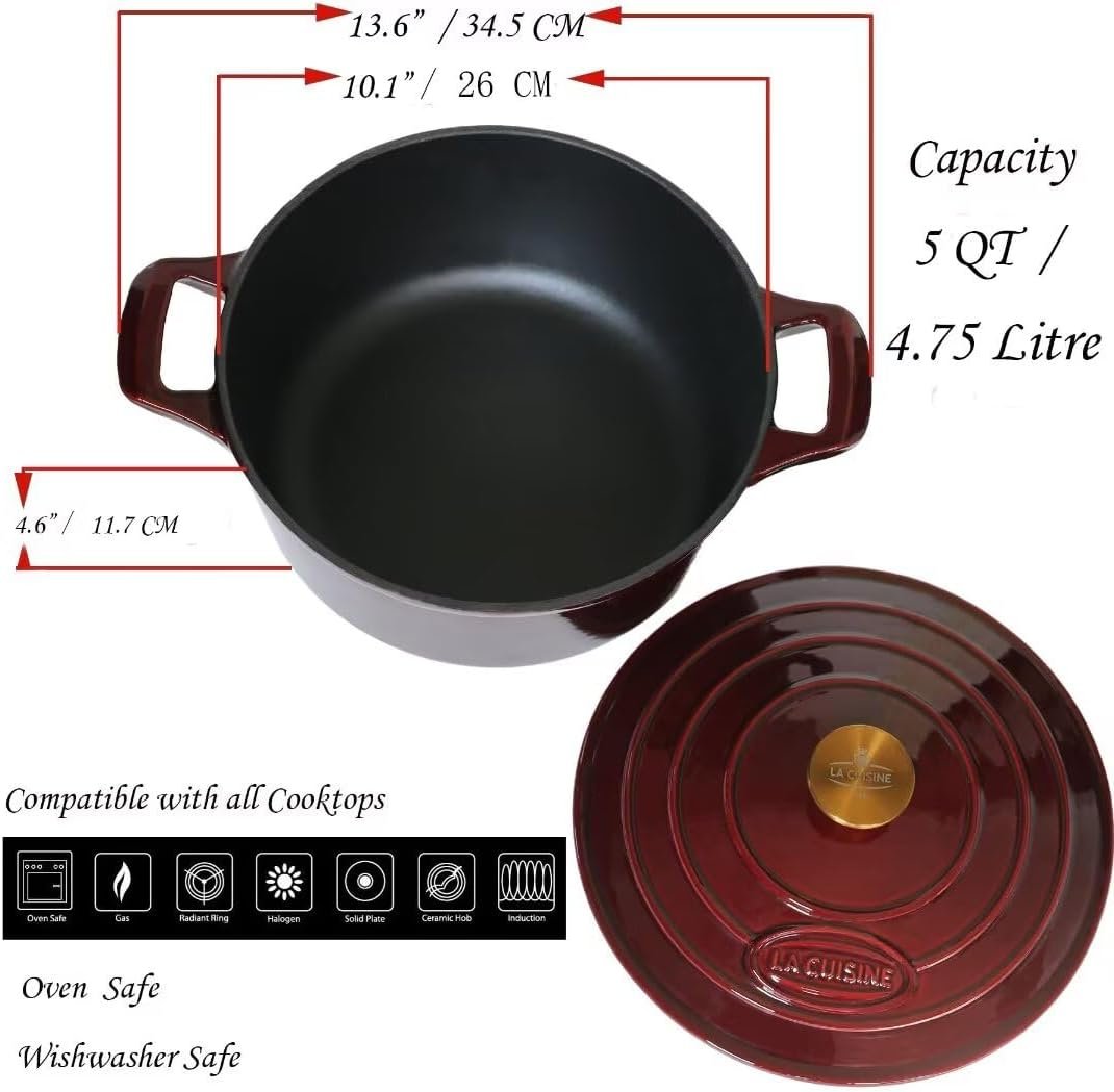 La Cuisine Enameled Cast Iron Dutch Oven Casserole Dish Pot with Lid, 5 QT 10.3“ /26cm Dia. Internal Matte Black Enamel Coating Gold-Plated SS Lid Handle Oven Safe up to 500° F, Cranberry