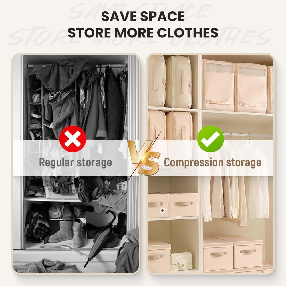 Packing Cubes, 2024 New Upgrade Organizer Self-Compression Space-Saving Ultra Space-Saving, Suitable for Clothes, Comforters Quilts (Beige)