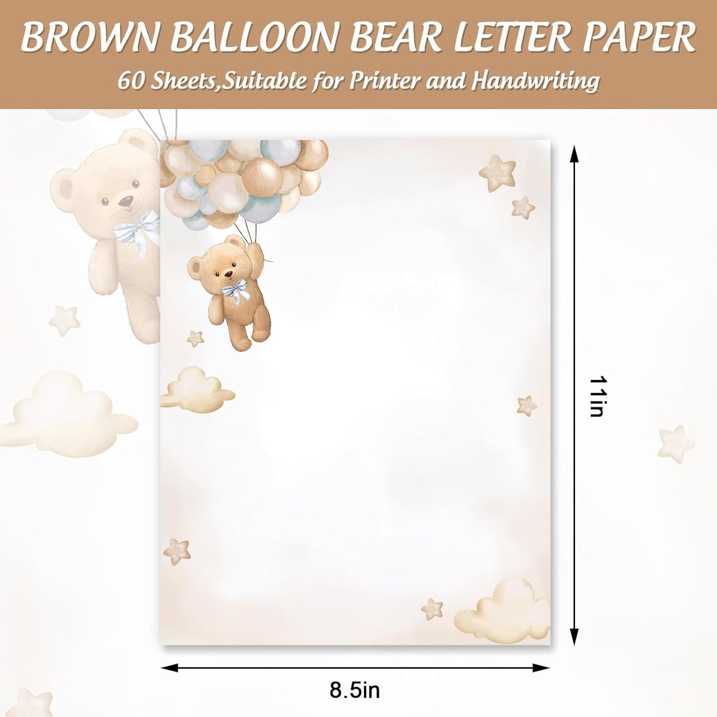 AnyDesign 25 Sheets Bear Stationery Letterhead Paper Cute Brown Animal Letter Paper Writing Paper Notes Greeting Paper for Baby Shower Invitation Office Printing, 8.5 x 11 Inch