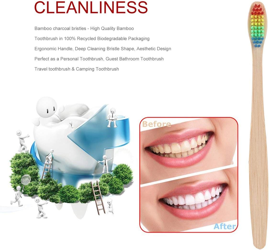 Colorful Hair + Bamboo Handle Toothbrush Environment Wooden Rainbow Bamboo Toothbrush Oral Care Soft Bristle Unisex - Wood Color+Colorful