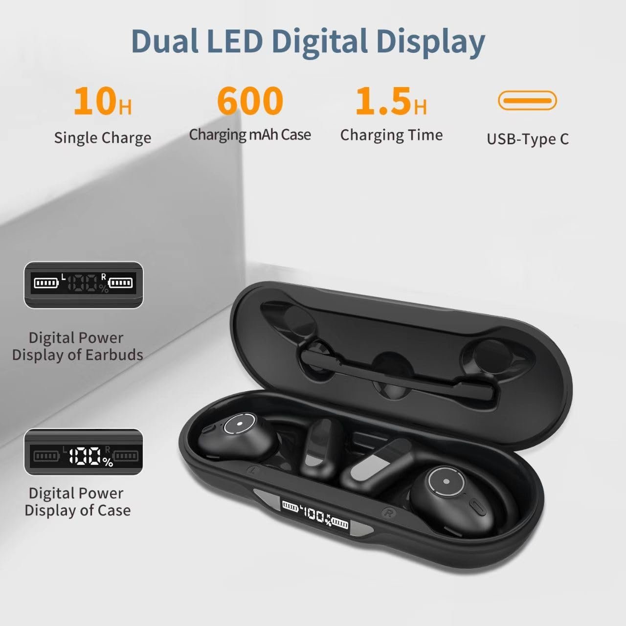 BANIGIPA Open Ear Headphones w/Detachable Boom Mic, True Wireless Earbuds w/DSP Noise Canceling Microphone for Calling, Bluetooth 5.4 Headset w/Charging Case for Office Home Working Traveling-60H