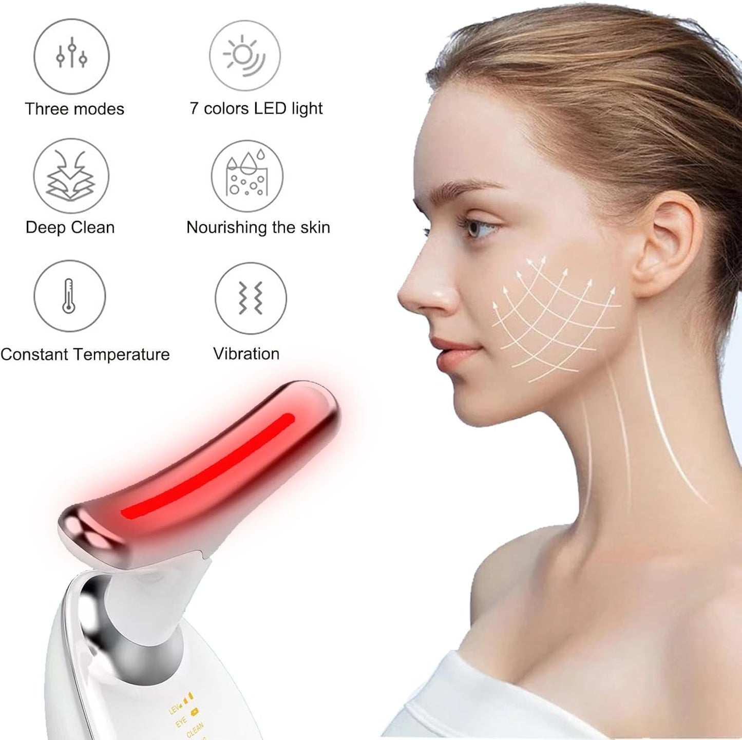 Face and Neck Massager, 7 Color LED Facial Beauty Device, Portable Skin Care Tools for Home Use,White