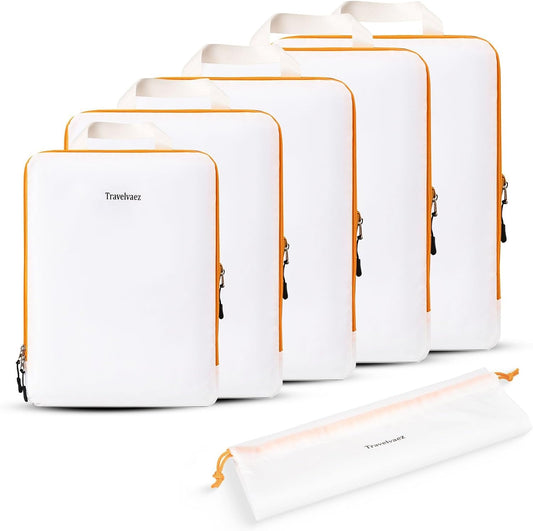 Travelvaez Set of 6 Expandable Travel Compression Cubes for Packaging, Luggage Organizer, Suitcase Compression Bags for Travel (White)