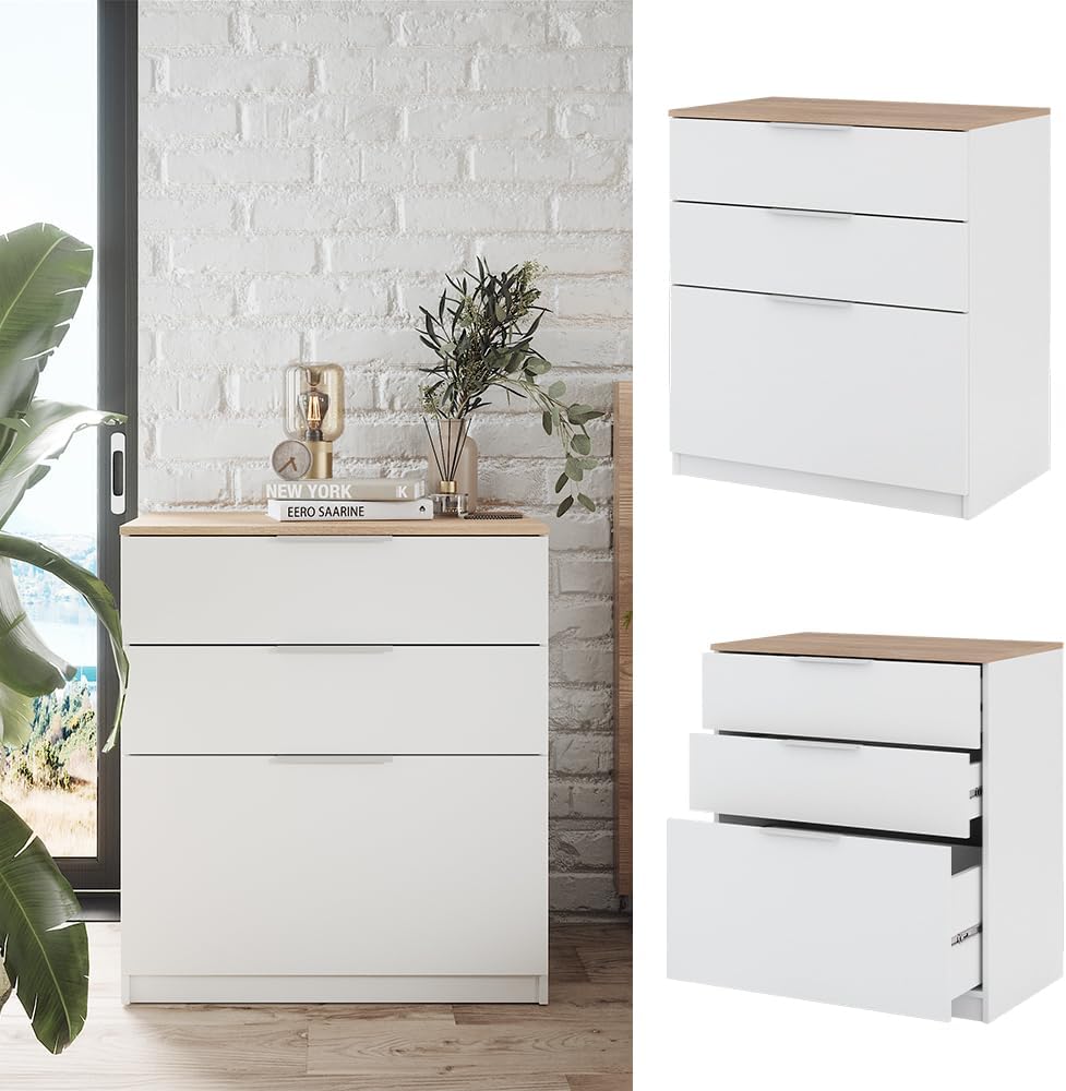 Vicco Betti Bedroom Chest of Drawers, White/Sonoma, 80 x 90 cm with 3 Drawers
