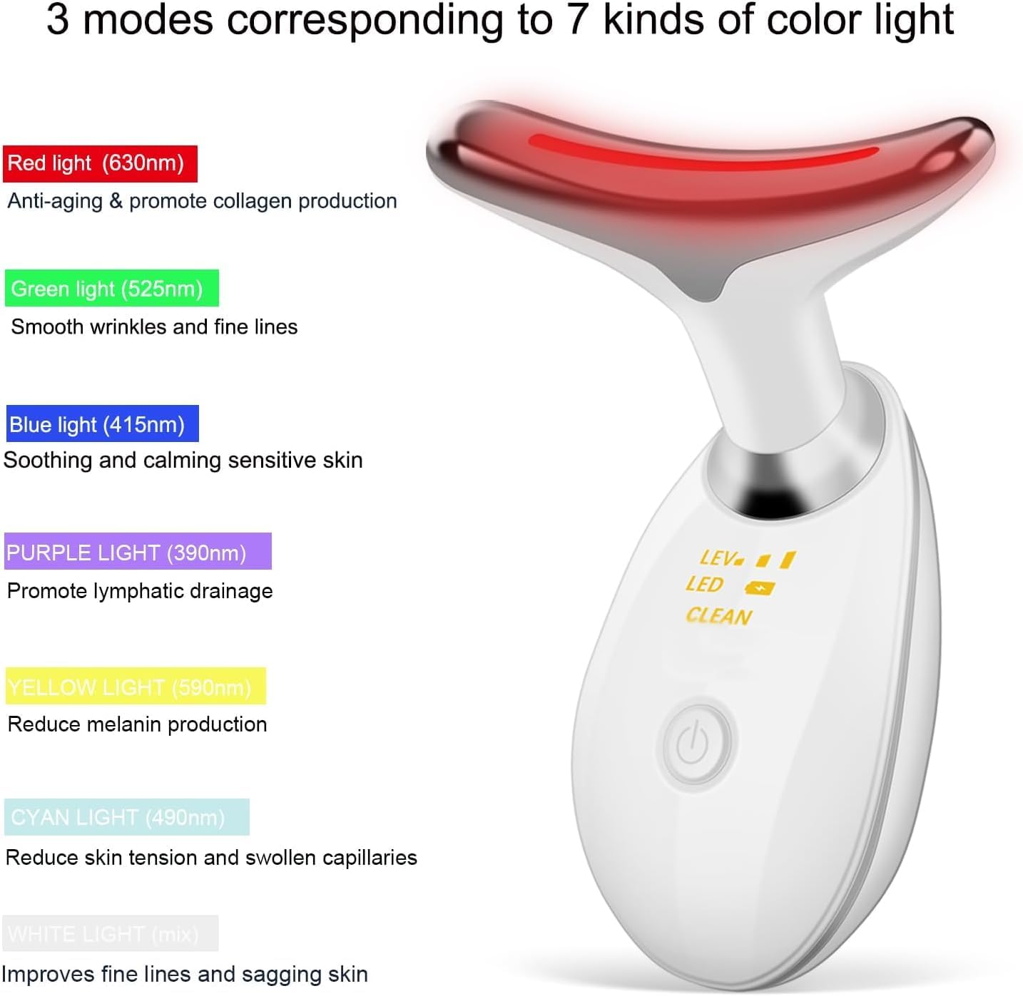 Face and Neck Massager, 7 Color LED Facial Beauty Device, Portable Skin Care Tools for Home Use,White